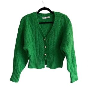 Zara V-neck Button Front Cable Knit Cropped  Cardigan Sweater Size Small